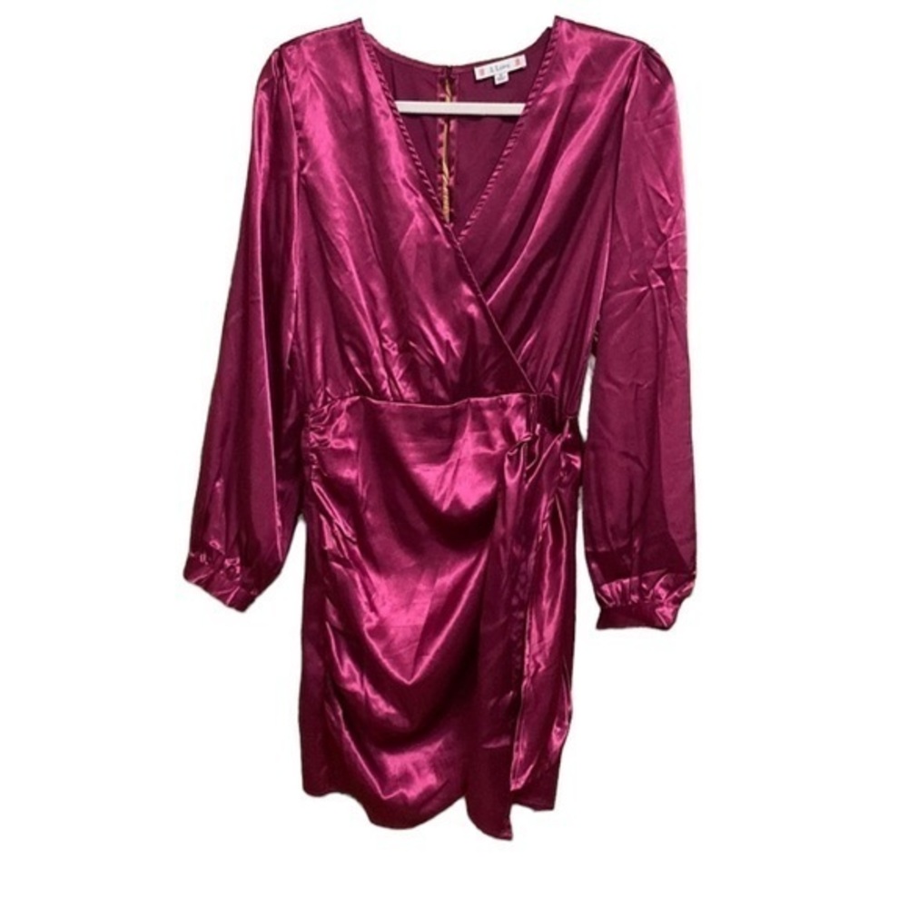 L Love Women's Small Satin Faux Wrap Long Sleeve Dress - Pink / Purple